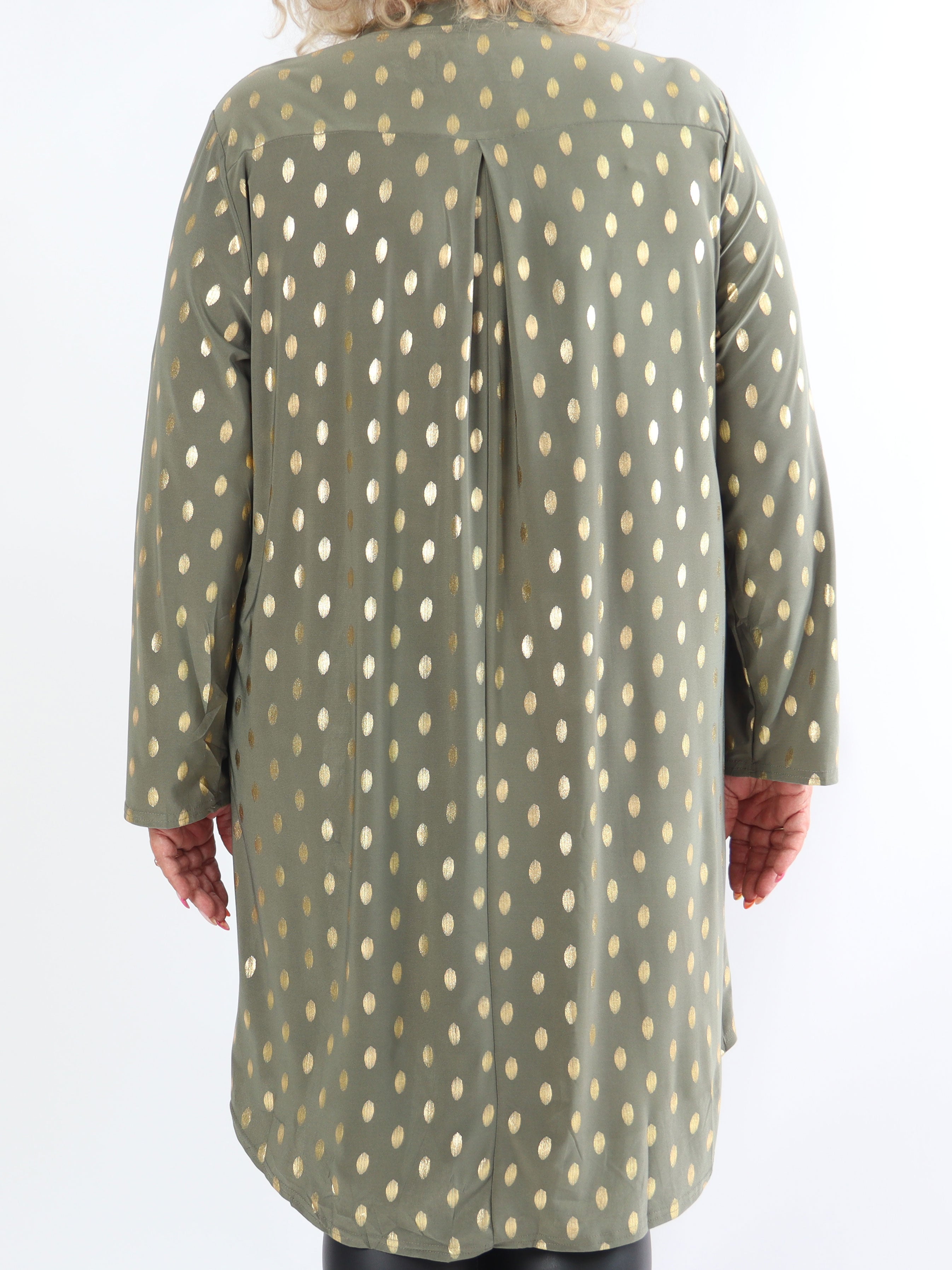 Ebba Gold Long - Elastisk plus size kjole med guld prikker